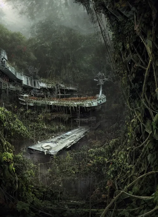 Prompt: decayed aircraft carrier USS Nimitz laying on the ground overgrown with vegetation and hanging vines, post appocalyptic, tropical forest, by Luis Royo, by Greg Rutkowski, dark, gritty, intricate, cover illustration, concept art, volumetric lighting, volumetric atmosphere, sharp focus, octane render, trending on artstation, 8k