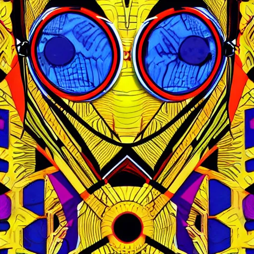 Prompt: a close up of a catchers mask on a colorful african textile background, cyberpunk art by esao, featured on behance, orphism, behance hd, kinetic, trance compilation cd