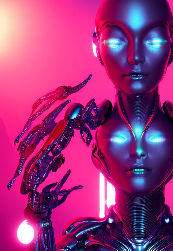 Image similar to ultra realist intricate detailed painting of a single attractive alien female, neon scales and cyborg tech, hyperrealistic, soft lighting, octane render