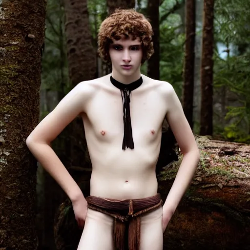 Prompt: a teenage boy, around 1 9 yo. choker necklace. natural brown hair. loincloth, pale skin. detailed face. scar on chest. ominous and eerie looking forest in background. natural colors. hyperrealistic photo.