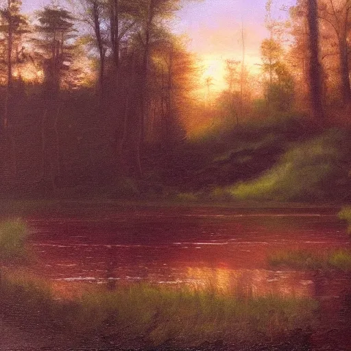 Image similar to will o'the wisp at twilight floating over a clearing in the forest next to a pond, highly detailed, oil painting