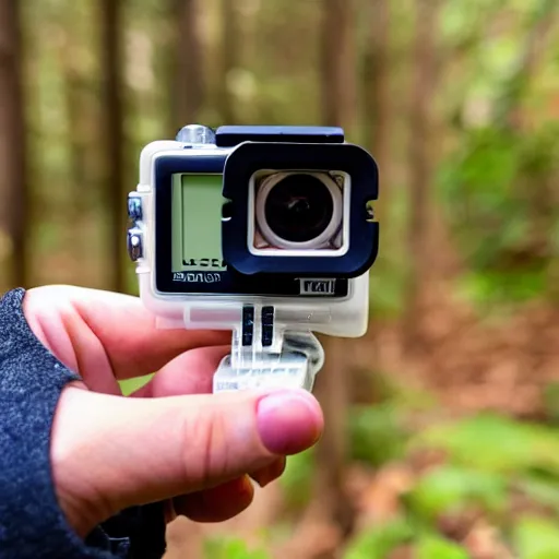 Prompt: a photo of a person looking down at a go pro they discovered in the forest