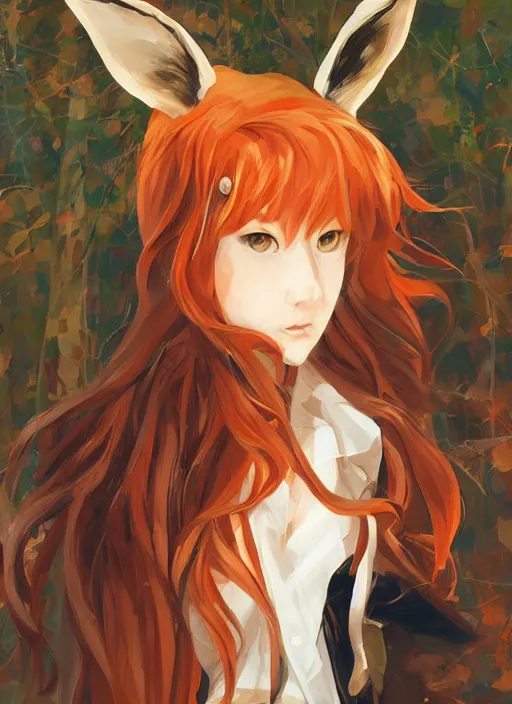 Image similar to portrait painting by shigenori soejima, girl with fox ears, long wavy orange hair, light brown trenchcoat, forest background, focus on face, pretty, cinematic lighting, painterly