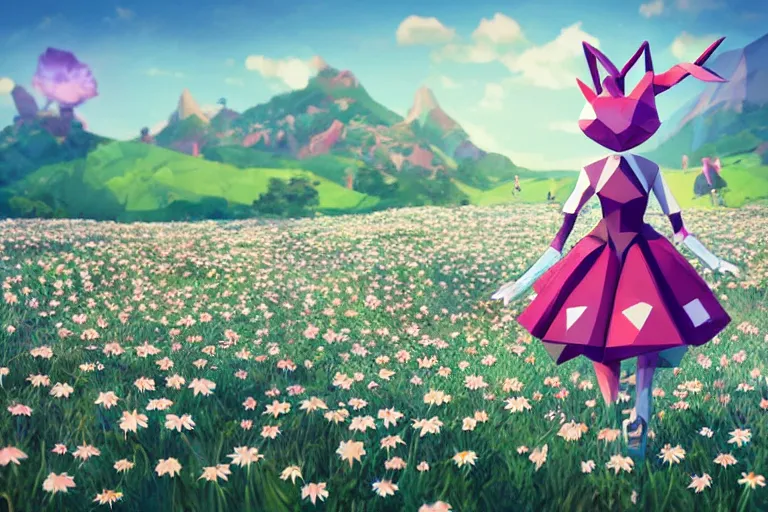 Prompt: ( ( low poly ) ) ( ( playstation ) ) running ( ( anthropomorphic ) ) ( ( lurantis ) ) ( maid ) wearing a hat ( standing ) in a ( field of daisies ), mount coronet in the distance illustration by ruan jia on artstation