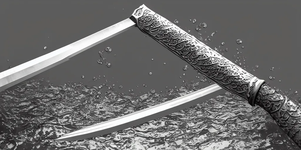 Image similar to Full Katana with Water Blade made only out of flowing and only Water, artstyle from Rzky Dar, the blade is made out of steel with a dragon sigil, a water stream goes like spiral around the blade, white background, raytracing,