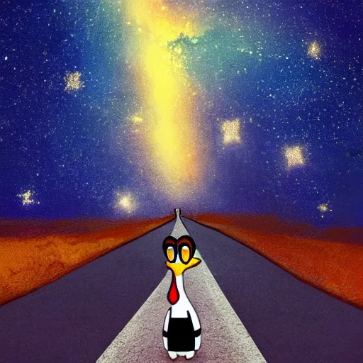 Image similar to a lonely duck walking on the road and looking up at the sky, milky way, starry sky, art station trend