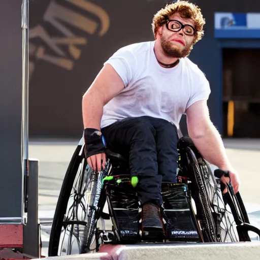 Prompt: seth rogan in a wheelchair at x - games magazine action photo