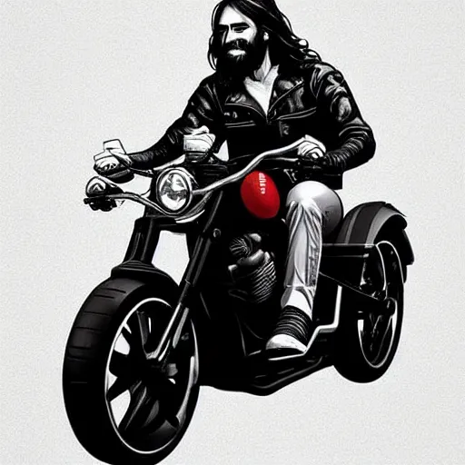 Image similar to jesus riding a harley davidson motorcycle, digital art, trending on artstation