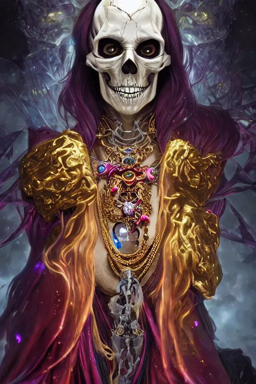 Image similar to woman lich skeleton made of iridescent aether and shiny gems covered with blood, long red hair, golden necklace, ultra realistic, concept art, intricate details, highly detailed, photorealistic, octane render, 8 k, unreal engine. dnd art by artgerm and greg rutkowski and alphonse mucha