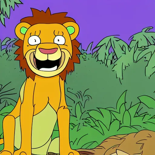 Image similar to Lion smiling in the jungle cartoon futurama style