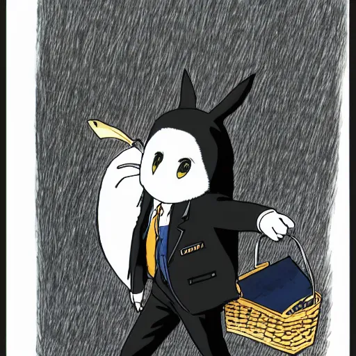 Prompt: barn owl in a black suit wearing an office bag going to the office,drawn by Hayao Miyazaki and Beatrix Potter, highly detailed,anime, anime shot,anime colours, inspired by my neighbor totoro 1988