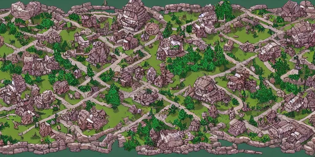 Prompt: a high detailed fantasy bandit camp vector art an aerial view of a cartoonish rpg village by dungeondraft, dofus, patreon content, hd, straight lines, vector, grid, dnd map, map patreon, fantasy maps, foundry vtt, fantasy grounds, aerial view, dungeondraft, tabletop, inkarnate, dugeondraft, roll 2 0