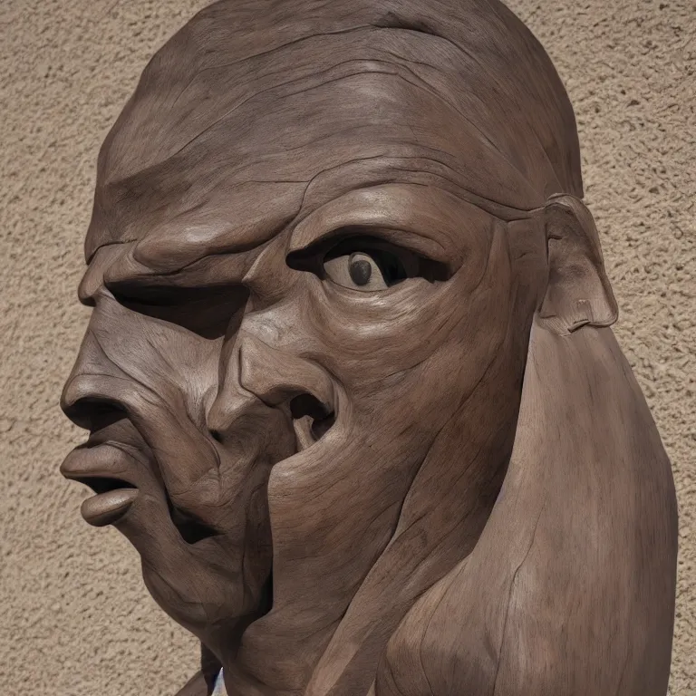 Prompt: public sculpture minimalist bust portrait of a powerful navajo man, beautiful symmetrical face accurate face detailed face realistic proportions, carved out of juniper wood on a pedestal by stephan balkenhol and martin puryear and ron mueck, hyperrealistic dramatic lighting shocking detail trending on artstation 8 k