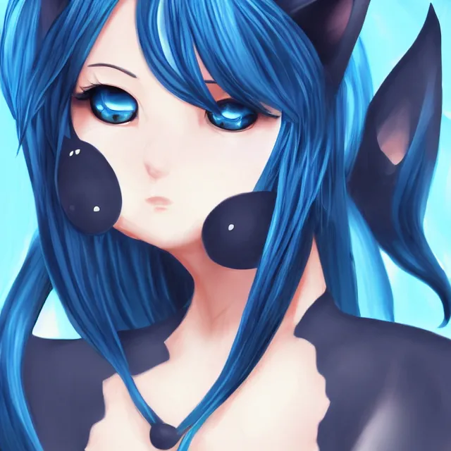 Image similar to anthro black cat with blue hair and blue eyes, pixiv, digital art