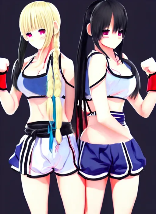 Image similar to two beautiful female fighters with twintails taunting each other, high waist shorts, white top, dim lighting, gorgeous features, smooth, detailed anime art