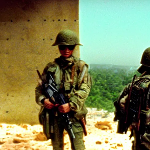 Image similar to film still, extreme far view, emma watson vietnam door gunner, film still from apocalypse now ( 1 9 7 9 ), 2 6 mm, kodak ektachrome, blue tint expired film,