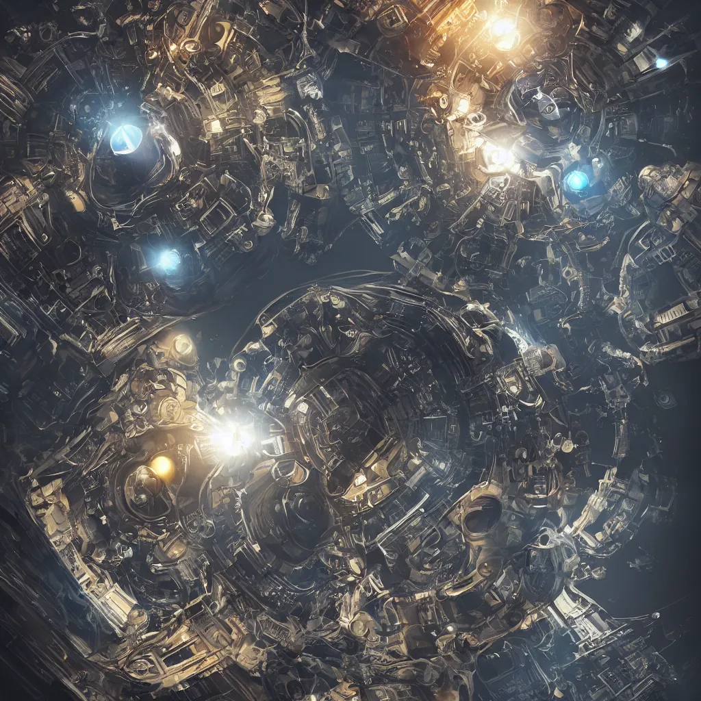 Image similar to an epic portrait of an astronaut entering microscopic multiverse of atoms madness with a tiny micro spaceship, cinematic lighting, trending on Artstation, highly detailed, insane details