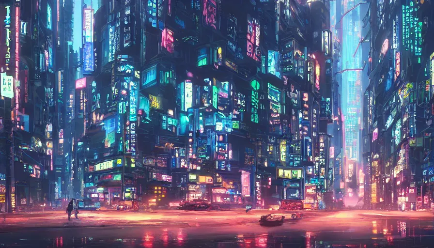 Prompt: A beautiful picture of an establishing shot of a cyberpunk neo tokyo city street by Sergey Vasnev and square pictures , trending on artstation