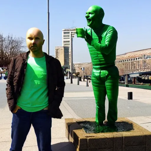 Prompt: Karl Pilkington as a green statue