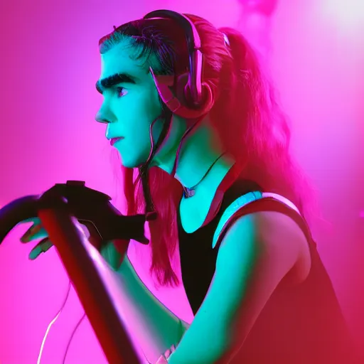 Image similar to grimes on stage djing, volumetric neon lights in the background, gleaming, 3 5 mm photography, portrait!!!!!!, trending on artstation, 4 k, 8 k, zbrush, mannerism