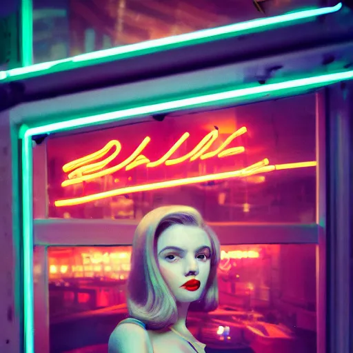 Image similar to vertical movie frame portrait of girl in 5 0's retro restaurant interior, neon - decorated urban on night in the city seen through the window, modern interior design, architectural design, vintage, night blade runner, dark, postapocalyptic, clean lines, 4 k, octane, lunarcore city at distance, big windows, octane, wide angle