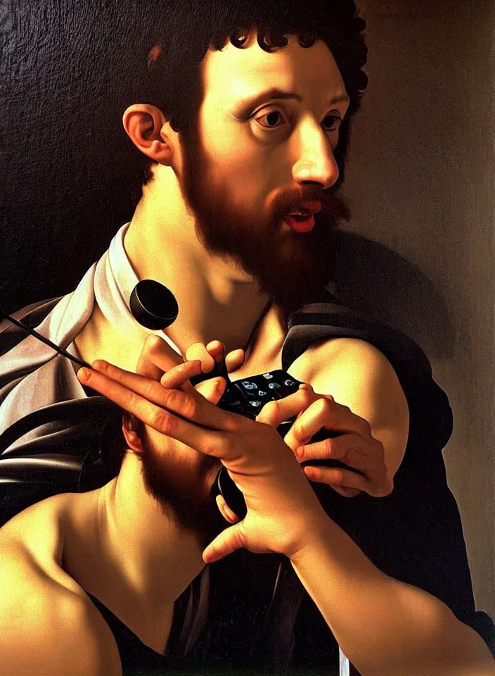 Image similar to Portrait of a man playing a video game on a CRT television. Painting by Caravaggio. Intricate details. hyper realism. Masterpiece.