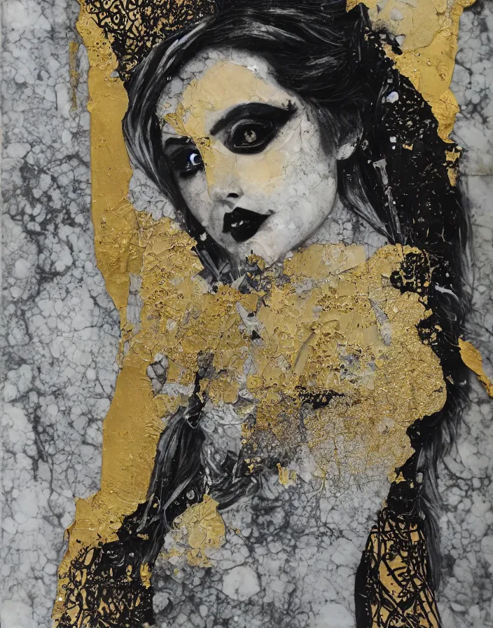 Prompt: divine marble gold gothic psychic queen in contrast vivid detailed analogue mixed media collage with canvas texture in style of contemporary art, punk art, hyperrealistic beautiful face, photorealistic, expressionism, masterpiece, perfect composition, spectacular quality torn paper, intricate oil details, broken glass