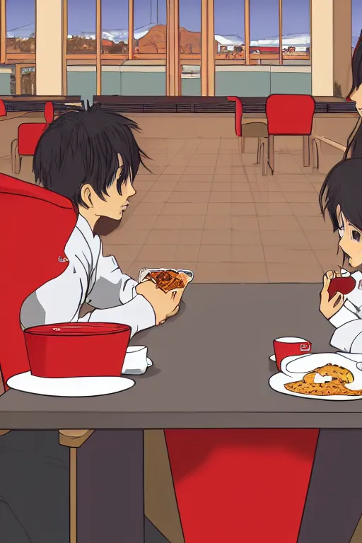 Image similar to a beautiful picture of two people have breakfast in kfc, empty, sky, anime, detailed, 8 k