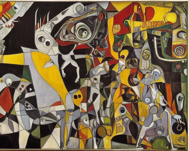 Image similar to a painting of guernica with aliens and robots by graham sutherland, egon schiele, gustav klimt, neo - expressionism