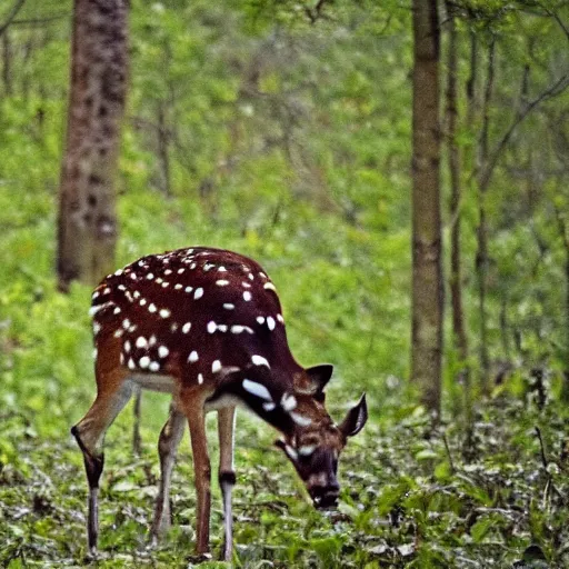 Image similar to a beautiful spotted deer in the woods, rocket launchers on the deers back