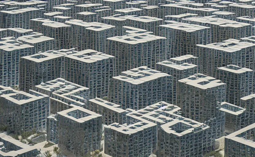 Prompt: parametric structure, residential complex with 2 towers, in the desert beside the gulf, view from above, design by peter zumthor, dezeen, architectural photography