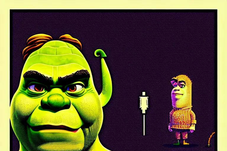 Prompt: ( ( dither ) ), editorial pixel art portrait of an angled 2 d shrek, modern art deco, ( ( mads berg ) ), christopher balaskas, victo ngai, rich grainy texture, detailed, dynamic composition, detailed pixel artwork, full og shrek, wide angle, matte print, art nouveau, unreal engine