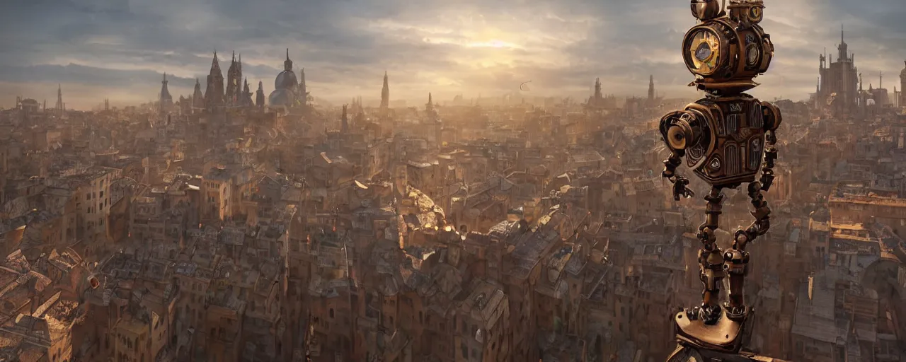 Prompt: a small cute steampunk robot standing on top of a building ledge overlooking a large renaissance steampunk city at sunset, backlit, by Eddie Mendoza , raphael lacoste, Andree Wallin, cinematic lighting, 8k, very detailed, ornate, beautiful composition,