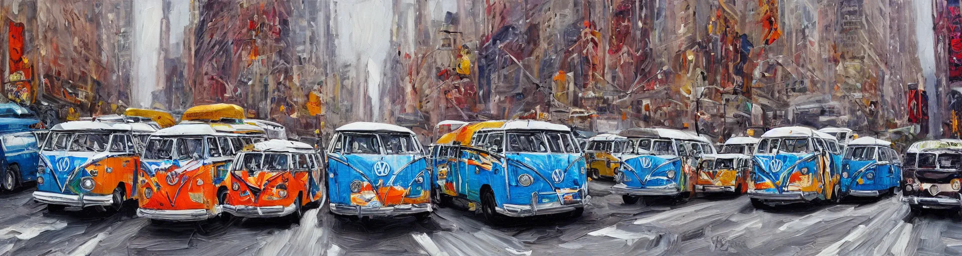 Image similar to a detailed oil painting of vw buses racing in new york city