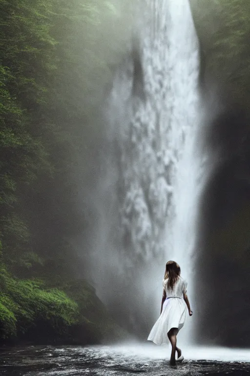 Image similar to intimate photo of emma watson walking through a waterfall, portrait in the style of petter hegre, sharp details, beautiful face, pale skin, rule of thirds, cinematic lighting, rainy weather, melancholy atmosphere, sharp focus, backlit, stunning, smooth, hard focus, full body shot, instagram photo, shot on iphone 1 3 pro max, hyper realistic