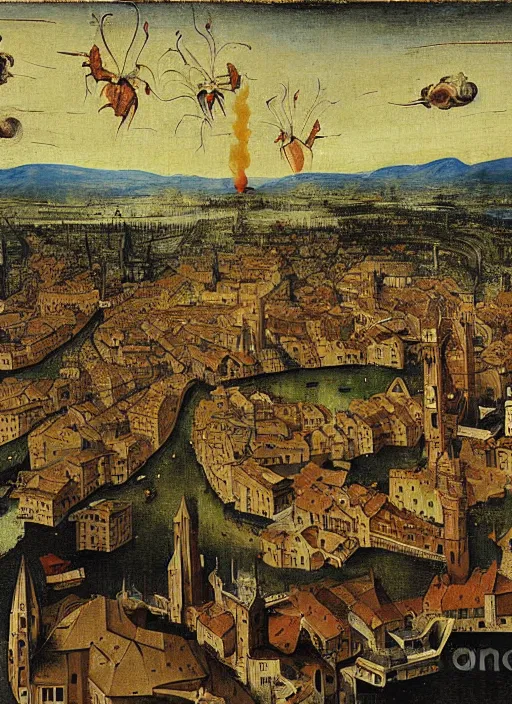 Image similar to Florence on fire, wildfire, Medieval painting by Jan van Eyck, Hieronymus Bosch