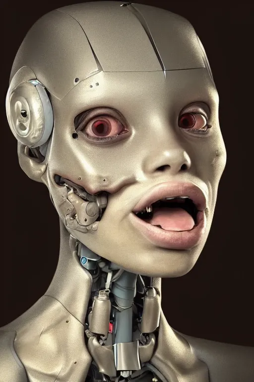 Image similar to beautiful portrait of a teen robot making fyunny face with the tongue, dystopian, biopunk, skin details, digital painting, sculpted in zbrush, artstation, concept art, smooth, sharp focus, illustration, chiaroscuro, soft lighting, golden ratio, rule of thirds, fibonacci, art by Audubon, incredible art by Stanley Artgerm Lau and Greg Rutkowski, composition by mike mignola and Simon Stalenhag,