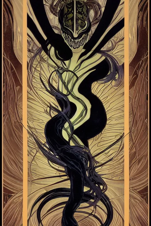 Prompt: a dramatic ethereal epic painting of Venom | tarot card, art deco, art nouveau, realistic | dramatic lighting | by Dresden Codak, by Mark Maggiori and Alphonse Mucha | trending on artstation