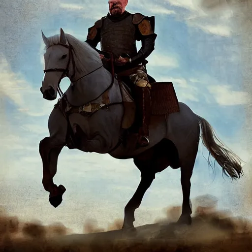 Image similar to walter white from breaking bad wearing medieval armor and riding a horse, matte oil painting