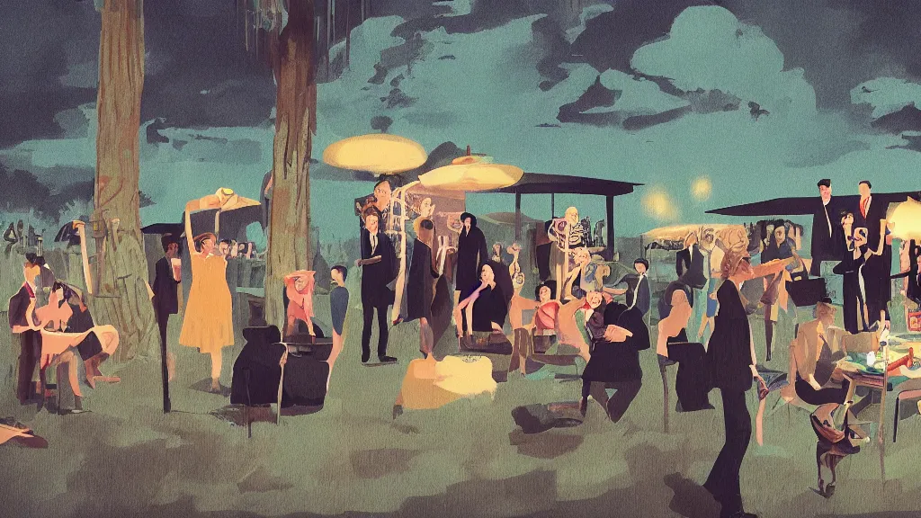 Image similar to An outdoor party, in the style of David Lynch, by Wes Anderson, concept art, artstation