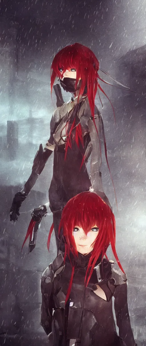 Image similar to asuka langley wearing zero's helmet in a dishonored town, dunwall city, advanced digital art, dishonored aesthetic, cinematic lighting, rainy weather, melancholy atmosphere, artstation, dunwall city, gothic architecture, volumetric light, octane render, dishonored game, dishonored 1, atmosphere or depression and despair, cute anime face