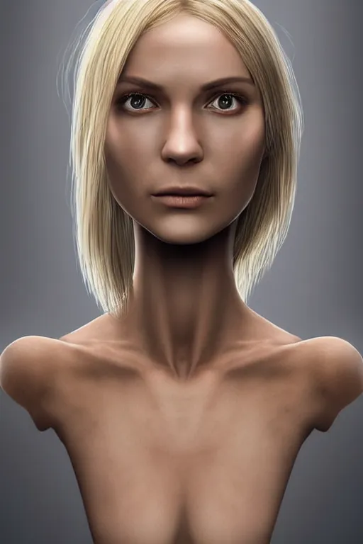 Image similar to robot with human face, female head, full body angle, woman human face, human face realistic, beautiful blonde hair, human head, human head with blonde hair, blonde hair human head, blonde hair, human realistic face, human head skin, cyborg frame concept, cyborg by ales-kotnik, sci-fi android female, the body is made of wires, robotic body, cyborg body, cyborg bust body, robot body cyborg, full body