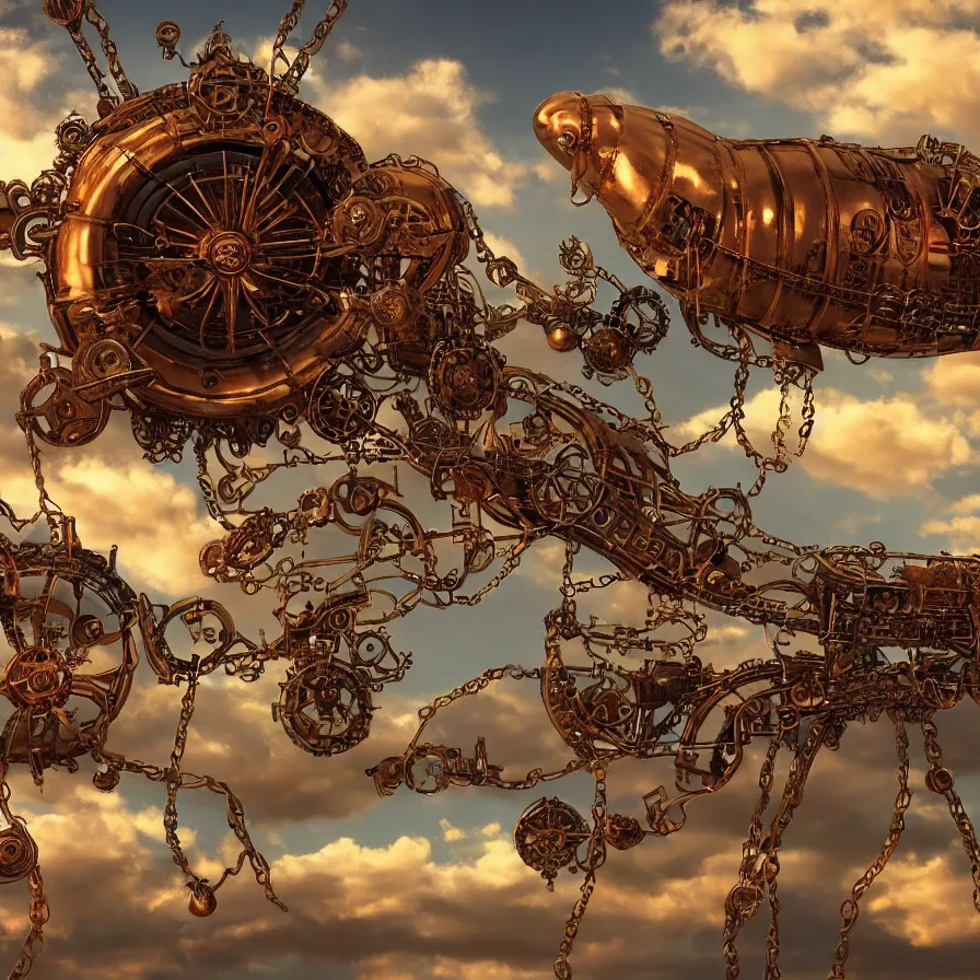 Prompt: steampunk blimp high in the sky, clouds, copper cogwheels, cogwheels, copper pipes, steam, dense, valves, pipes, vents, copper chains, golden hour, golden sun, fantasy world, award winning photography, 8 k, highly detailed