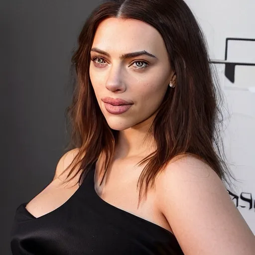 Image similar to a woman who is a genetic combination of kim kardashian and kat dennings and scarlett johansson and margot robbie and emma watson face and upper - body focus