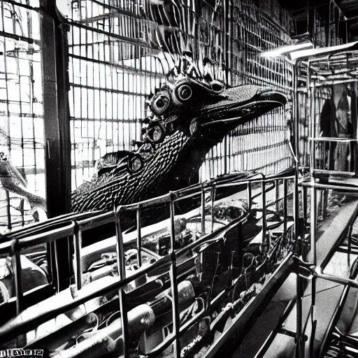 Prompt: scientists studying quetzalcoatl locked in a cage in a warehouse, 1 9 6 0's sci - fi, black and white, 8 k, highly ornate intricate details, extreme detail, punk xerox