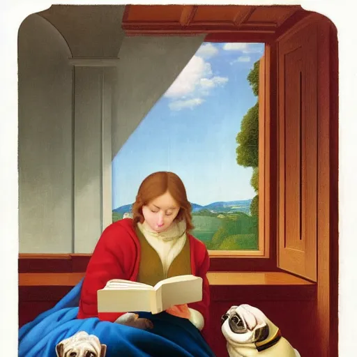 Prompt: a girl and her pug reading a book by Raphael, Hopper, and Rene Magritte. detailed, romantic, enchanting, trending on artstation.