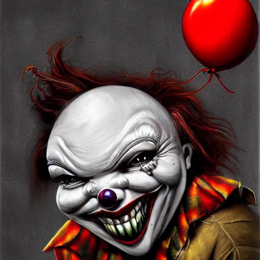 Image similar to surrealism grunge cartoon portrait sketch of a scarecrow with a wide smile and a red balloon by - michael karcz, loony toons style, pennywise style, horror theme, detailed, elegant, intricate