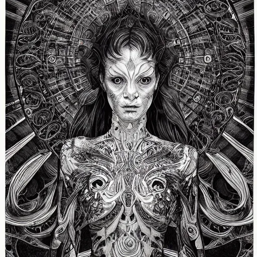 Image similar to holographic interface painted in alex grey and cameron gray style drawn by vania zouravliov and takato yamamoto, inspired by ooioo, intricate wood carving, black and white, 3 d, high detail, sharp high detail, artstation, octane