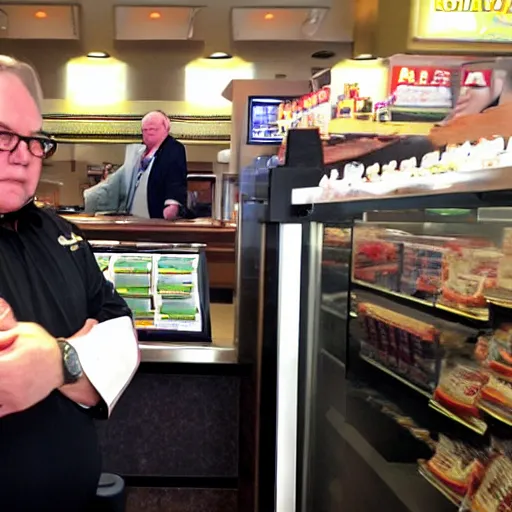 Image similar to senator steven armstrong from revengeance working as a mcdonald's cashier