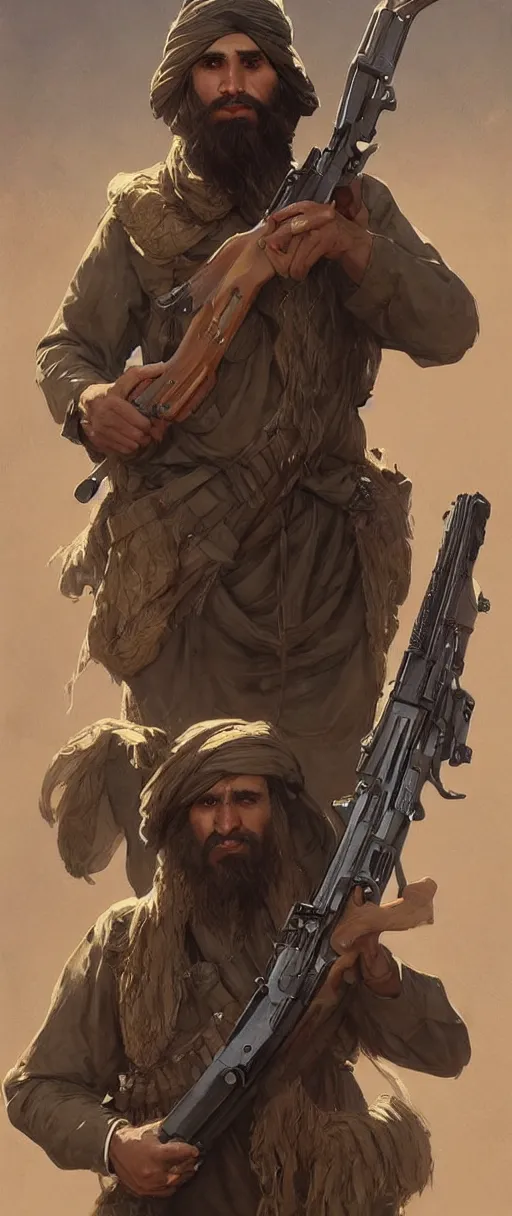 Image similar to male cottagecore taliban leader holding a kalashnikov rifle. intricate, elegant. highly detailed, digital painting, artstation, concept art, smooth, sharp, focus, illustration.. art by artgerm and greg rutkowski and alphonse mucha